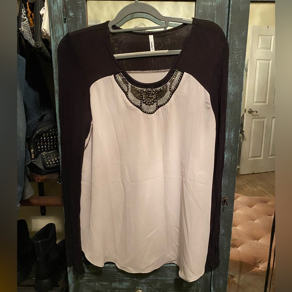 Studio Y long sleeve silky dress shirt with embellishments.